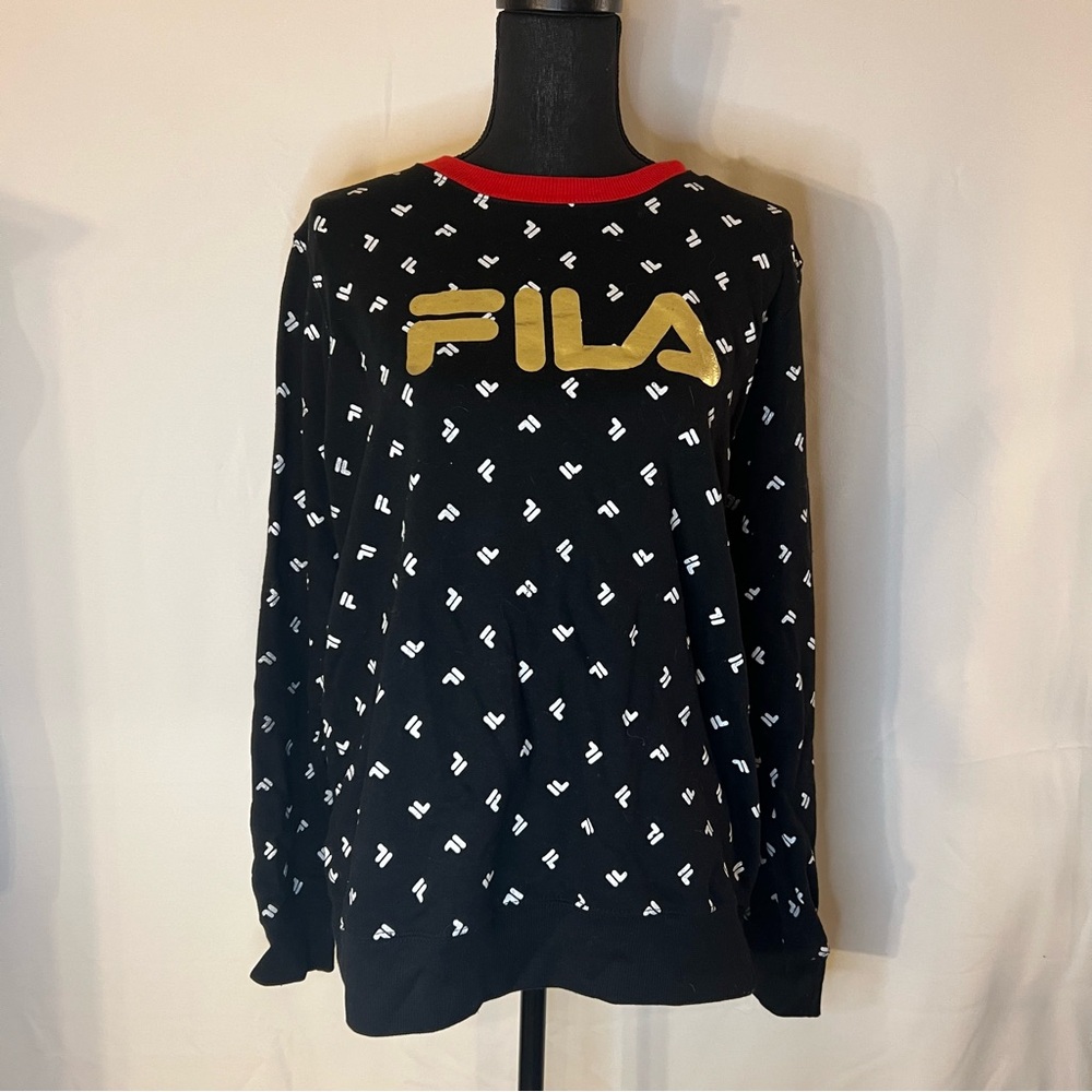Fila Logo Women L  Crewneck Long Sleeve Sweatshirt Black White Red And Gold-EUC